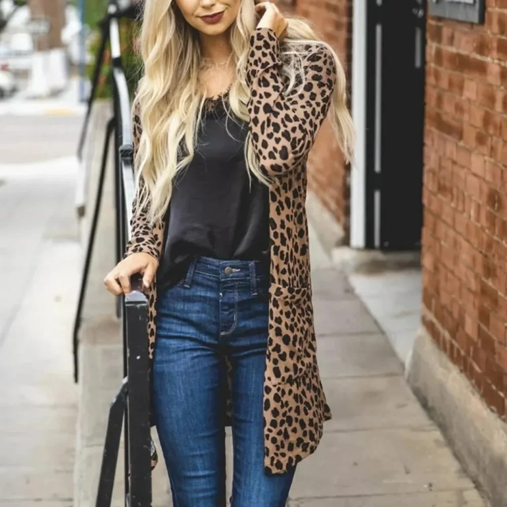 cheetah animal print bown cover up sweater cardigan with pockets